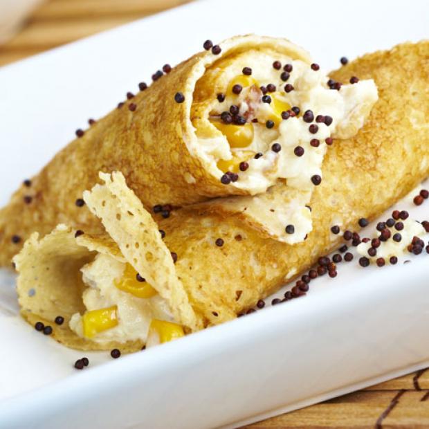 receta Creppes de róbalo y maíz con semillas de mostaza